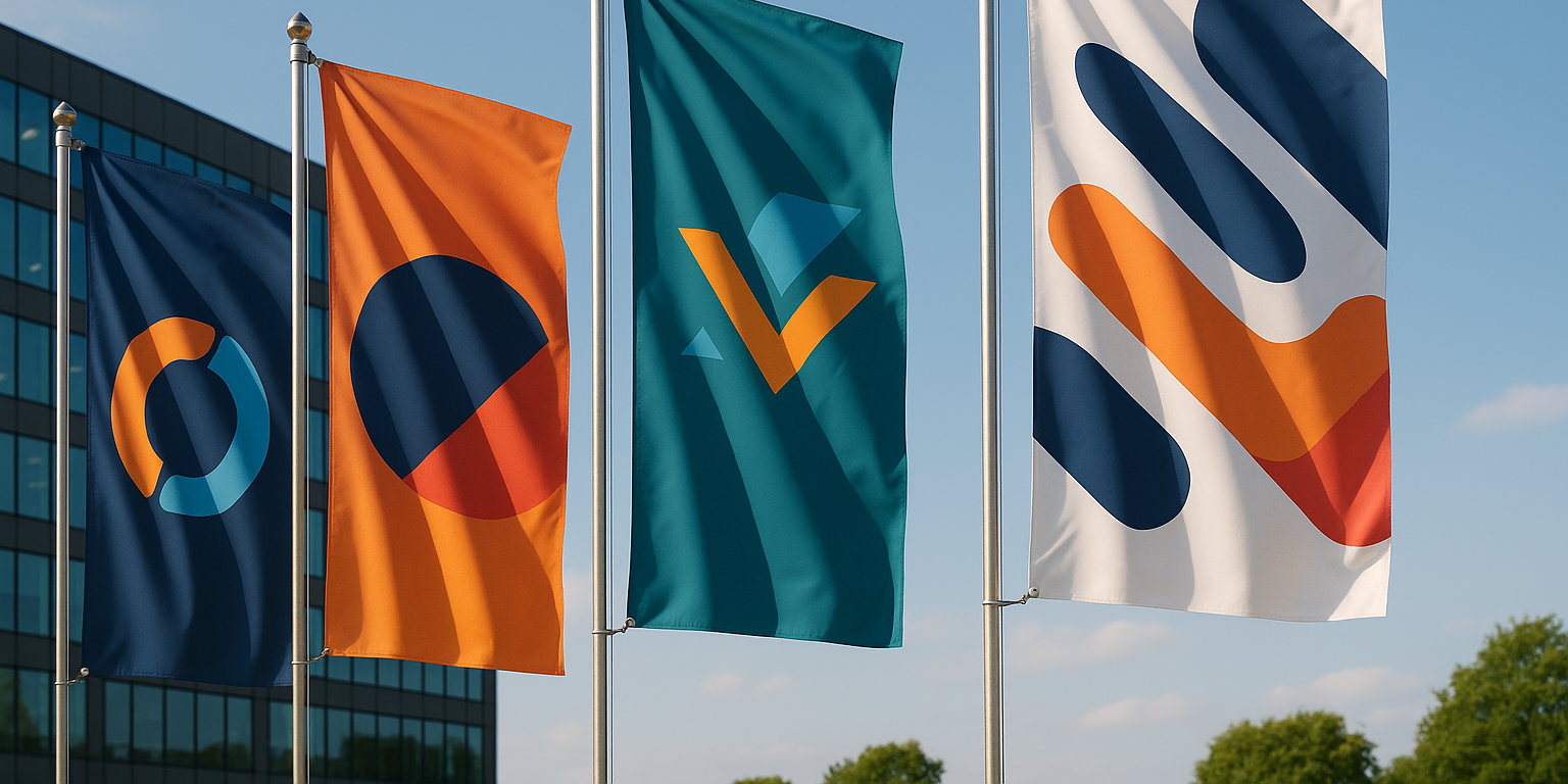 Corporate logo printed vertical pole flags waving outdoors – Asya Bayrak