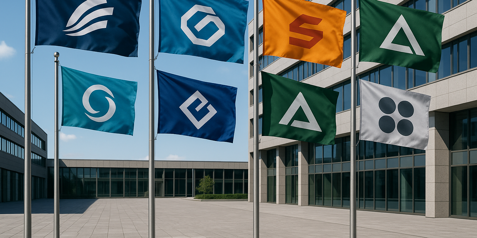 Corporate logo printed pole flags waving outdoors – Asya Bayrak