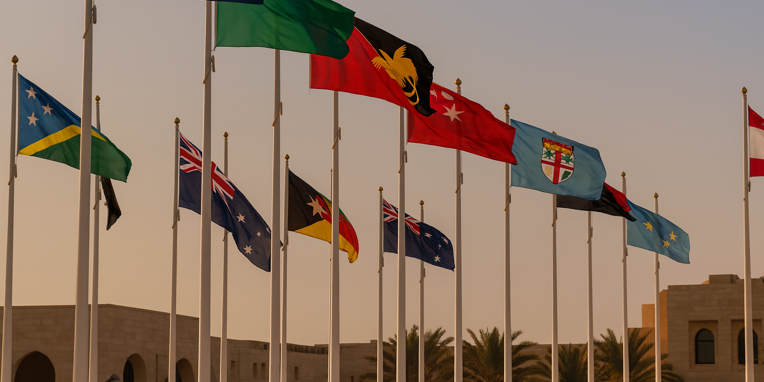 Oceania countries national flags waving under blue sky – Asya Bayrak