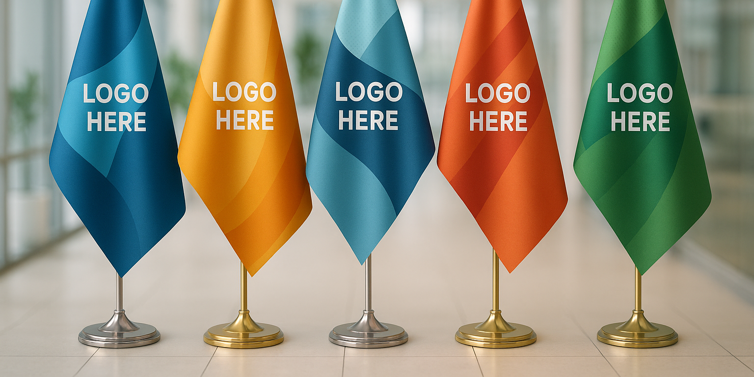 Corporate logo printed indoor flags with gold fringes in an office – Asya Bayrak