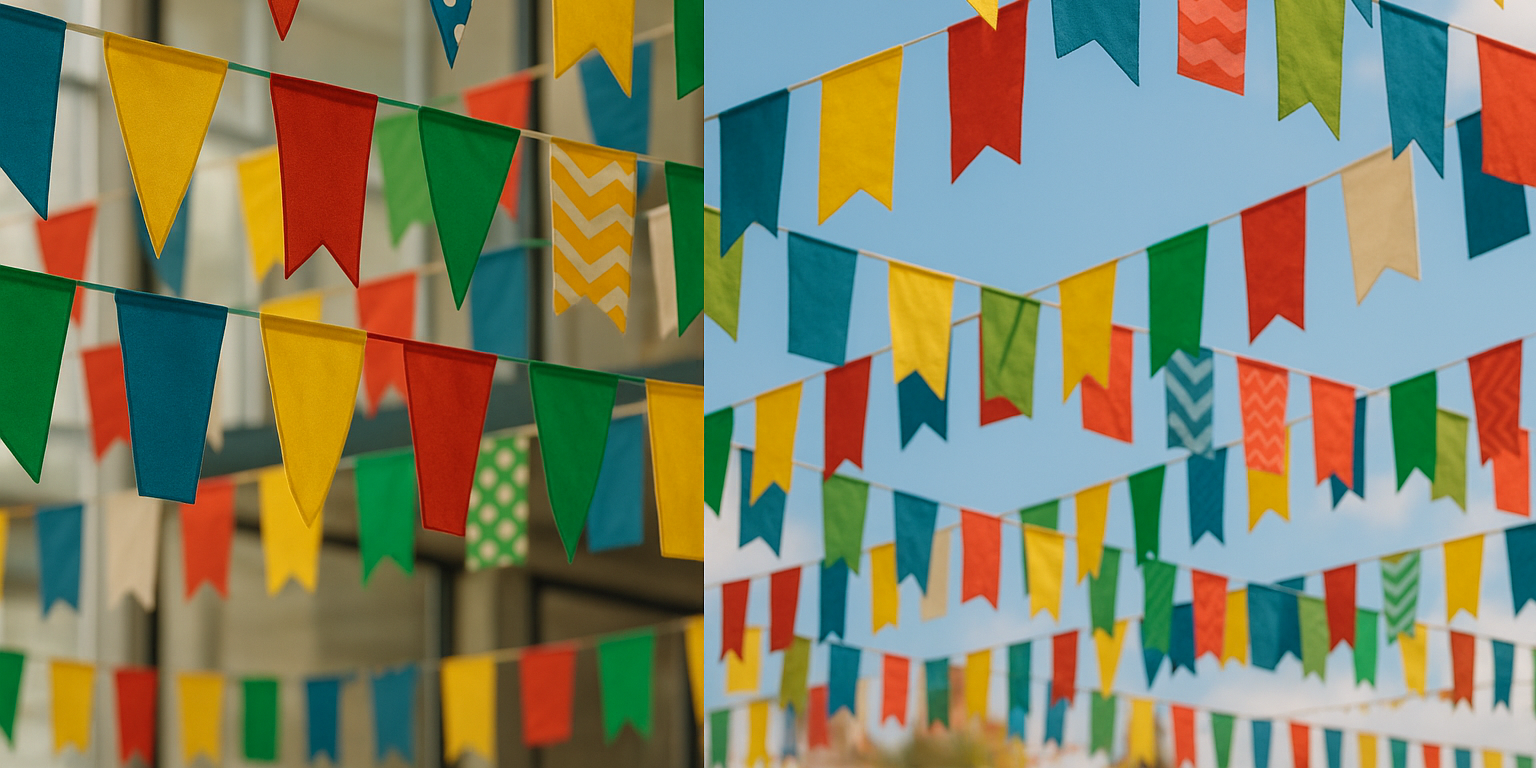 Colorful string pennants hanging outdoors – custom printed flag banners by Asya Bayrak.