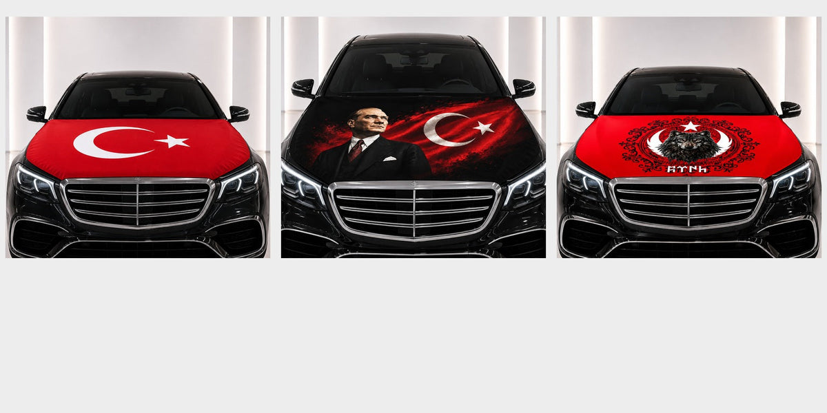 Turkish car hood flags — Turkish flag, Atatürk and grey wolf designs on car bonnets