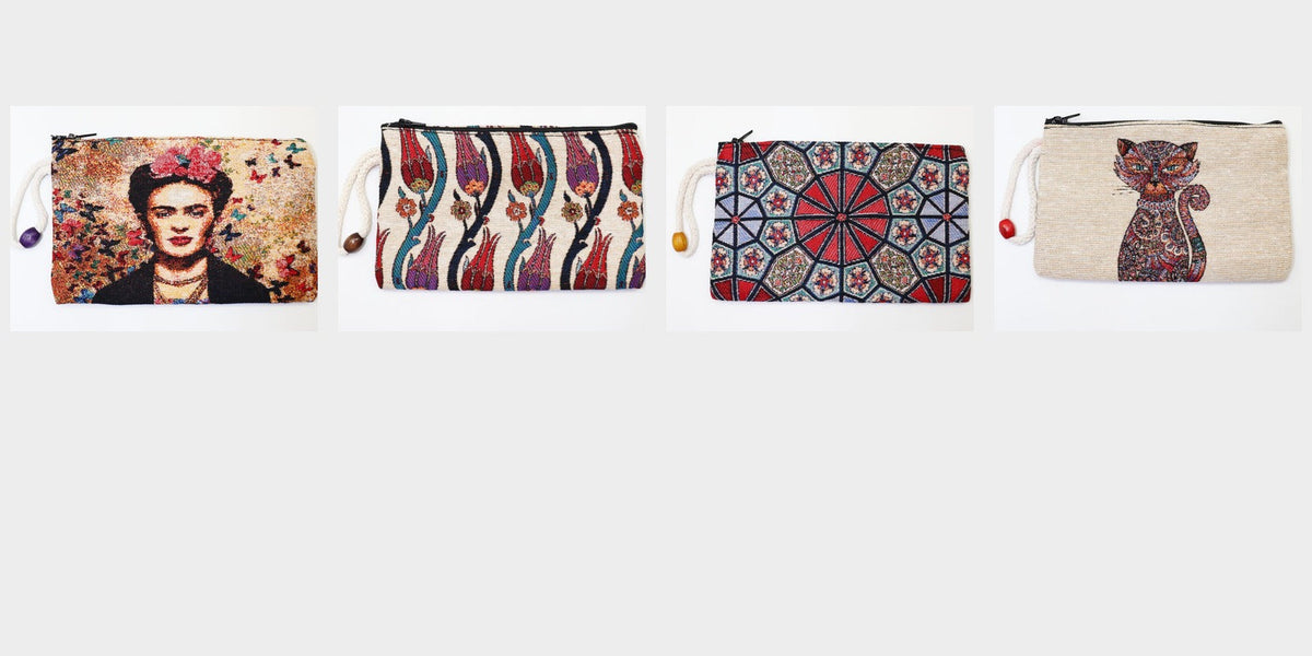 Woven clutch wallets in Frida Kahlo, Ottoman tulip, Iznik ceramic and mosaic cat motifs