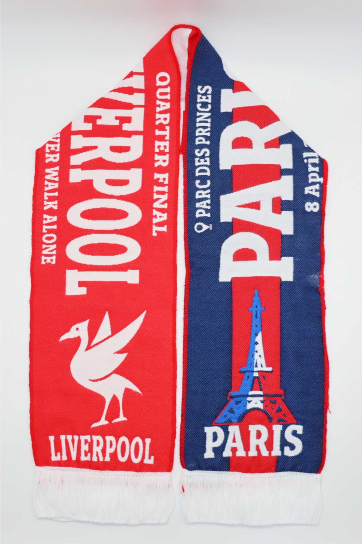 Liverpool vs Paris Champions League custom woven match scarf — quarter final commemorative design