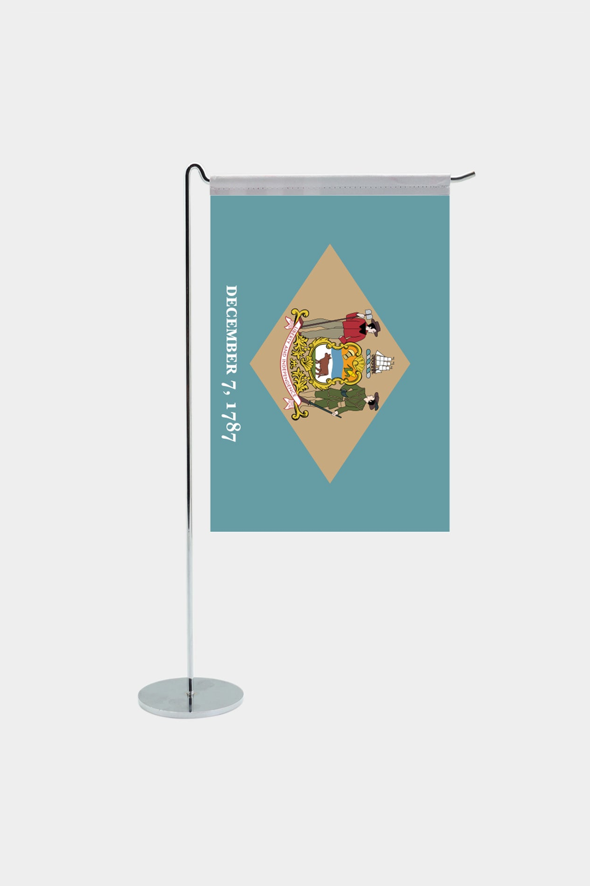 Delaware state desk flag with chrome L-shaped stand - premium double-layer satin office flag
