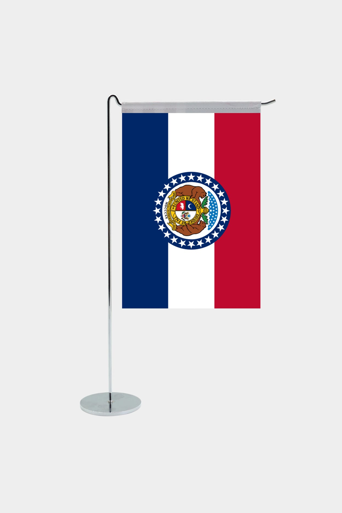 Missouri state desk flag with chrome L-shaped stand - premium double-layer satin office flag