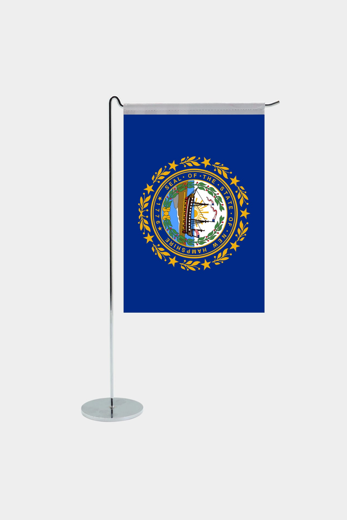 New Hampshire state desk flag with chrome L-shaped stand - premium double-layer satin office flag