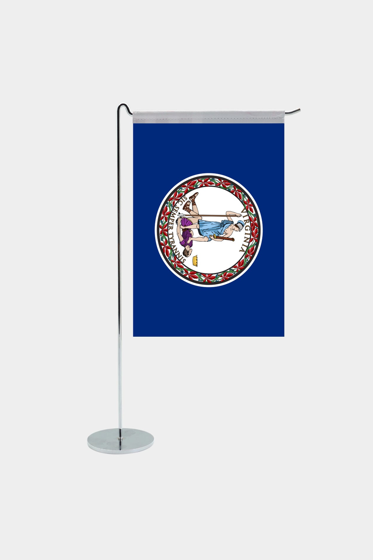 Virginia state desk flag with chrome L-shaped stand - premium double-layer satin office flag
