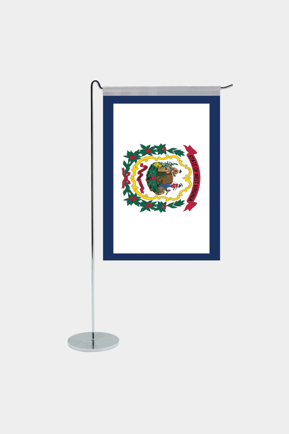 West Virginia state desk flag with chrome L-shaped stand - premium double-layer satin office flag