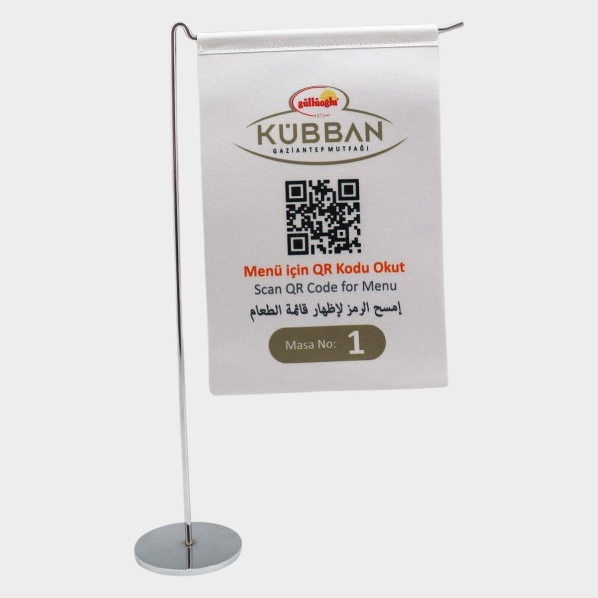 Logo Printed L-Shaped Desk Flag with chrome pole, 15 × 22.5 cm flag on a weighted base (1)