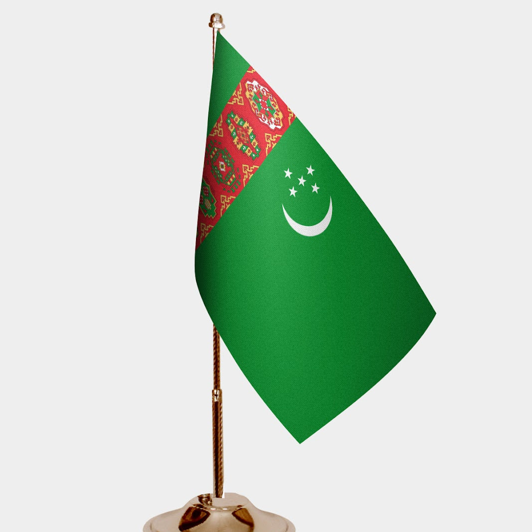 Turkmenistan Gold Desk Flag - Premium Metal Stand