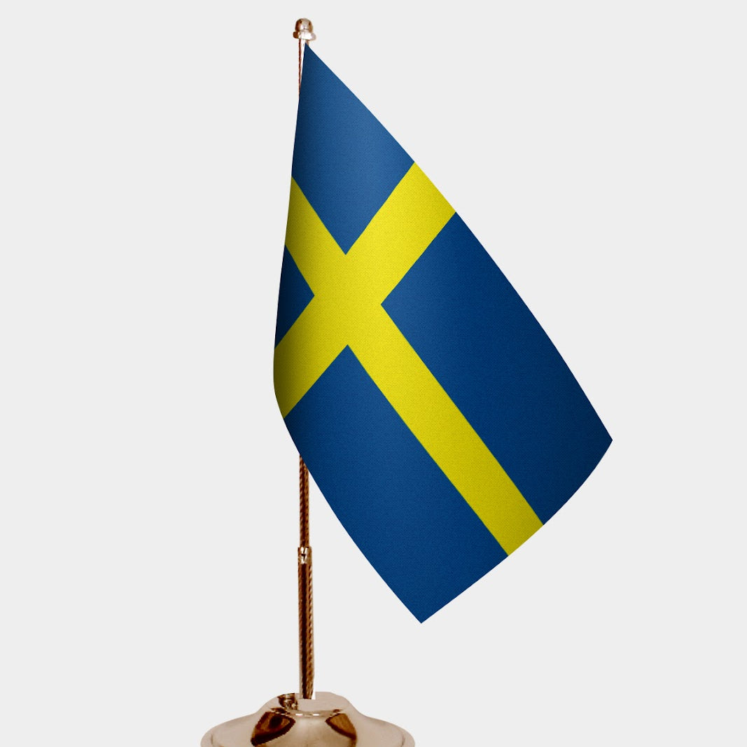 Sweden Gold Desk Flag - Premium Metal Stand