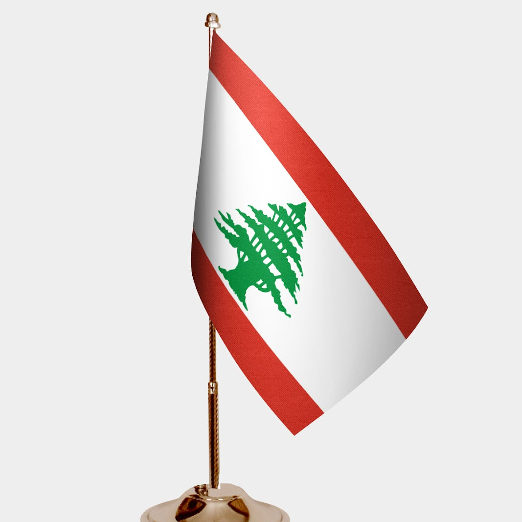 Lebanon Gold Desk Flag - Premium Metal Stand
