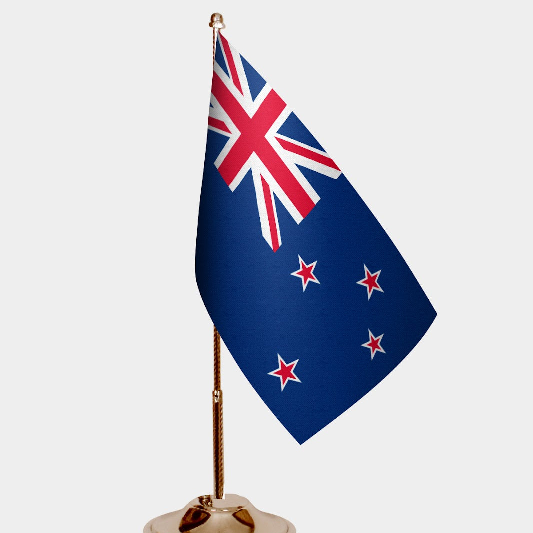 New Zealand Gold Desk Flag - Premium Metal Stand