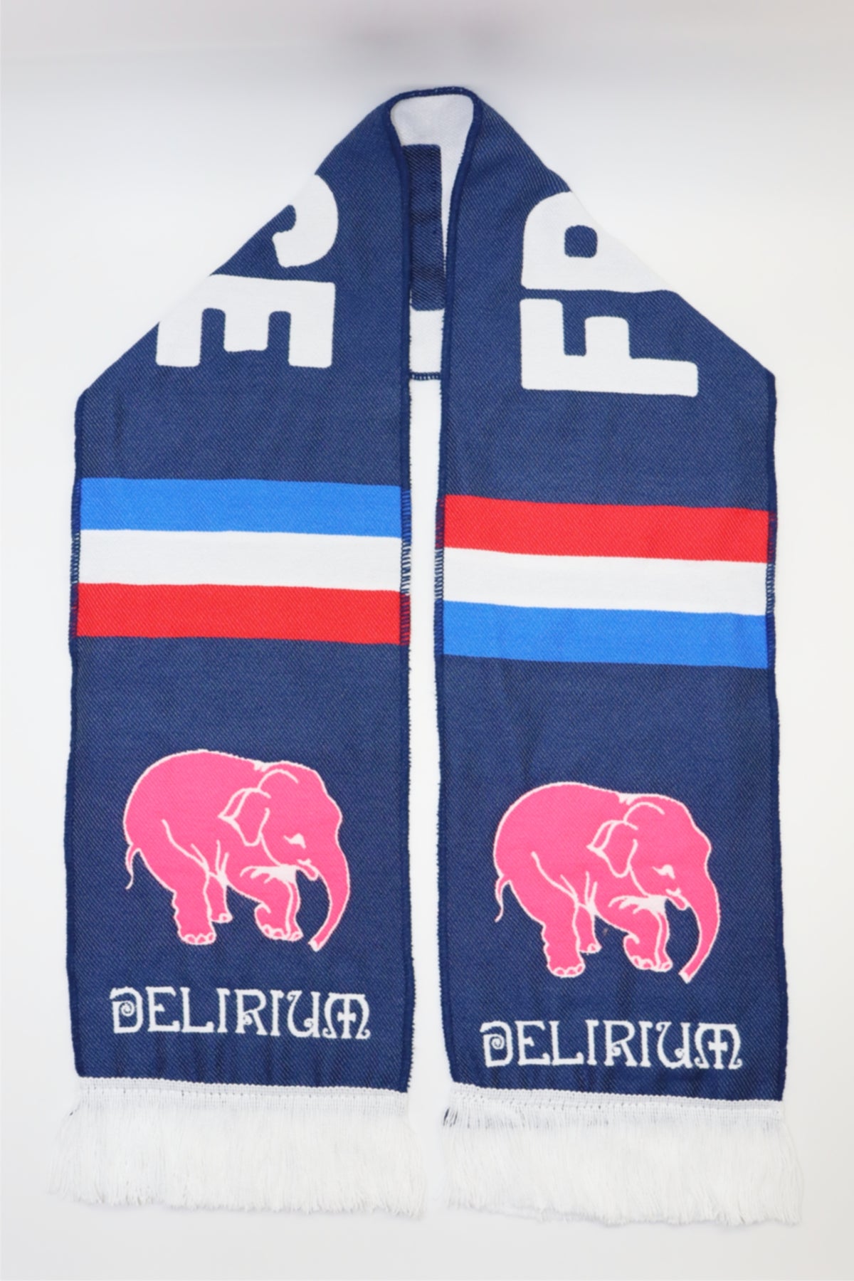 Custom woven supporter scarf example — Delirium beer brand design in navy blue with pink elephant motif