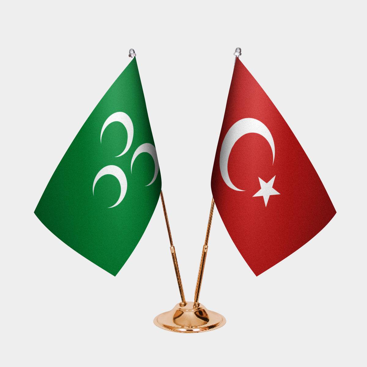 Three Crescents and Turkey desk flag set with gold pole and base