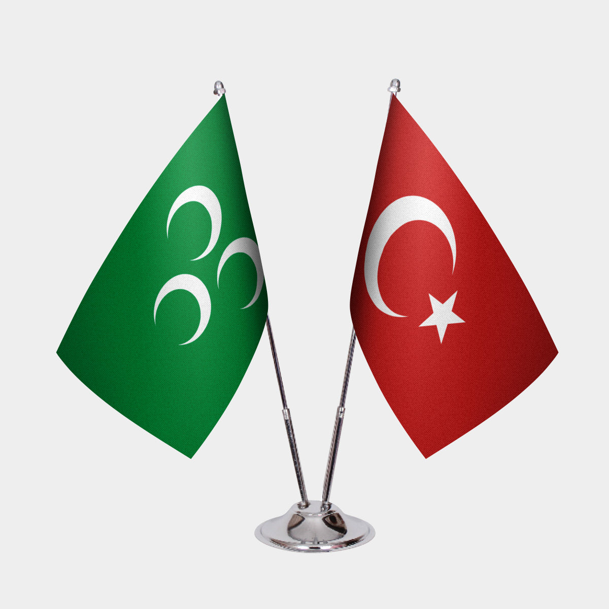 Three Crescents and Turkey desk flag set with chrome pole and base