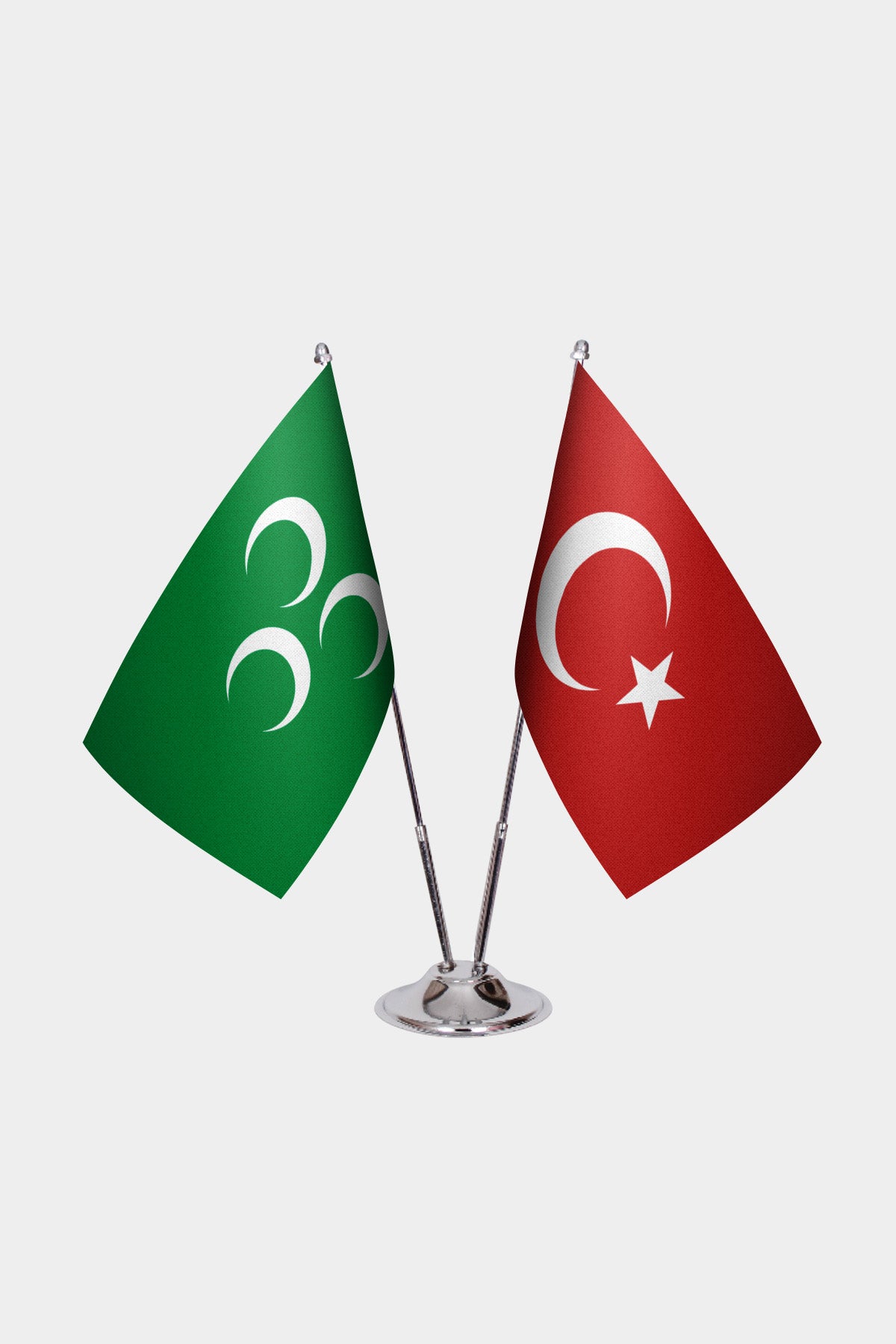 Three Crescents and Turkey desk flag set with chrome pole and base