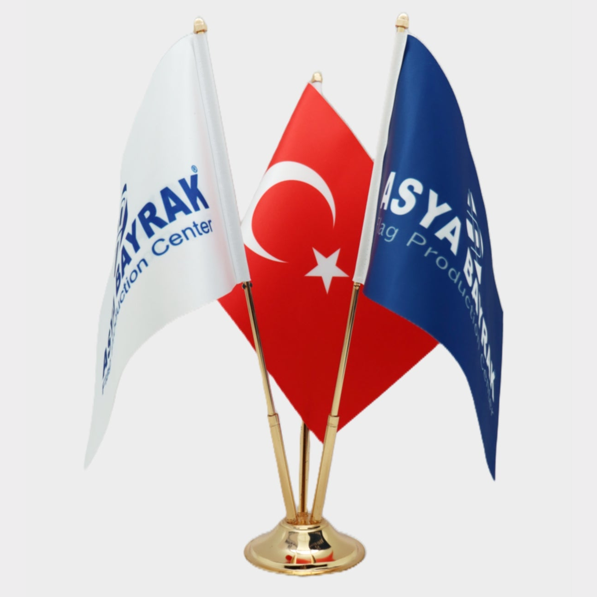 Altın kaideli logo baskılı üçlü Türk masa bayrağı seti