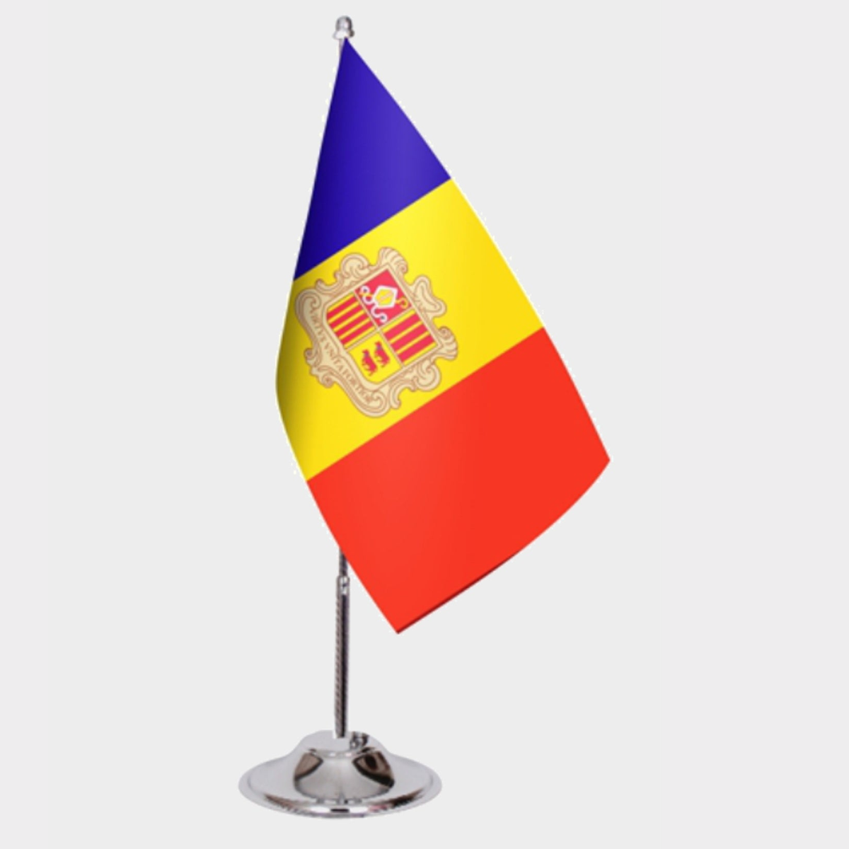 Andorra Desk Flag - Premium Double-Layer Satin with Chrome L-Shaped Stand | Professional Quality Country Desk Flag for Government Offices and Institutions