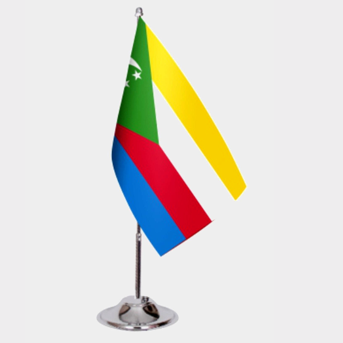Comoros Desk Flag - Premium Double-Layer Satin with Chrome L-Shaped Stand | Professional Quality Country Desk Flag for Government Offices and Institutions
