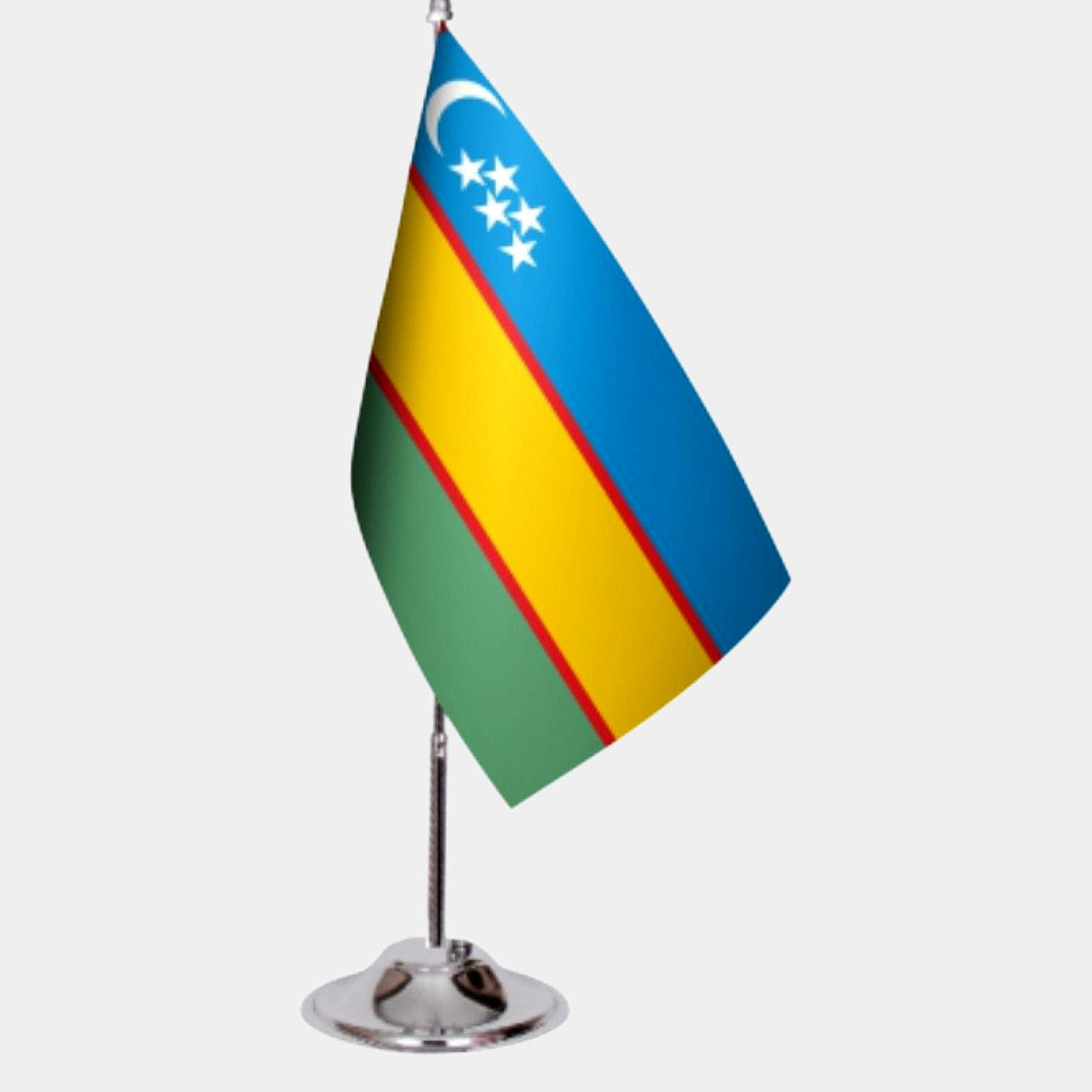 Karakalpakstan Desk Flag - Premium Double-Layer Satin with Chrome L-Shaped Stand | Professional Quality Country Desk Flag for Government Offices and Institutions