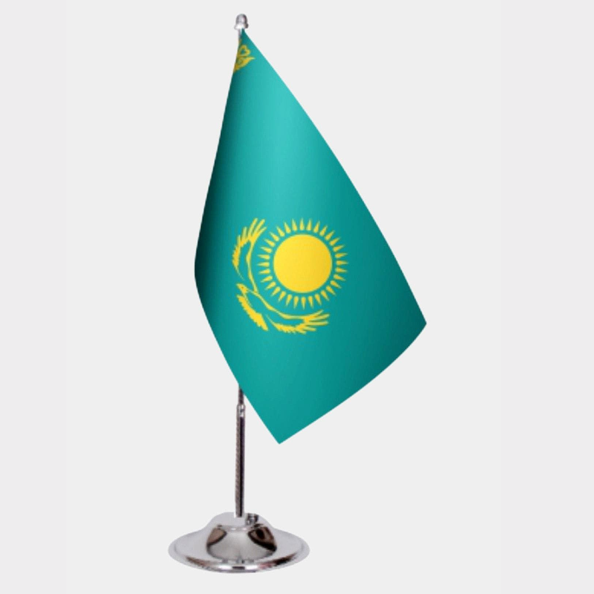 Kazakhistan Desk Flag - Premium Double-Layer Satin with Chrome L-Shaped Stand | Professional Quality Country Desk Flag for Government Offices and Institutions
