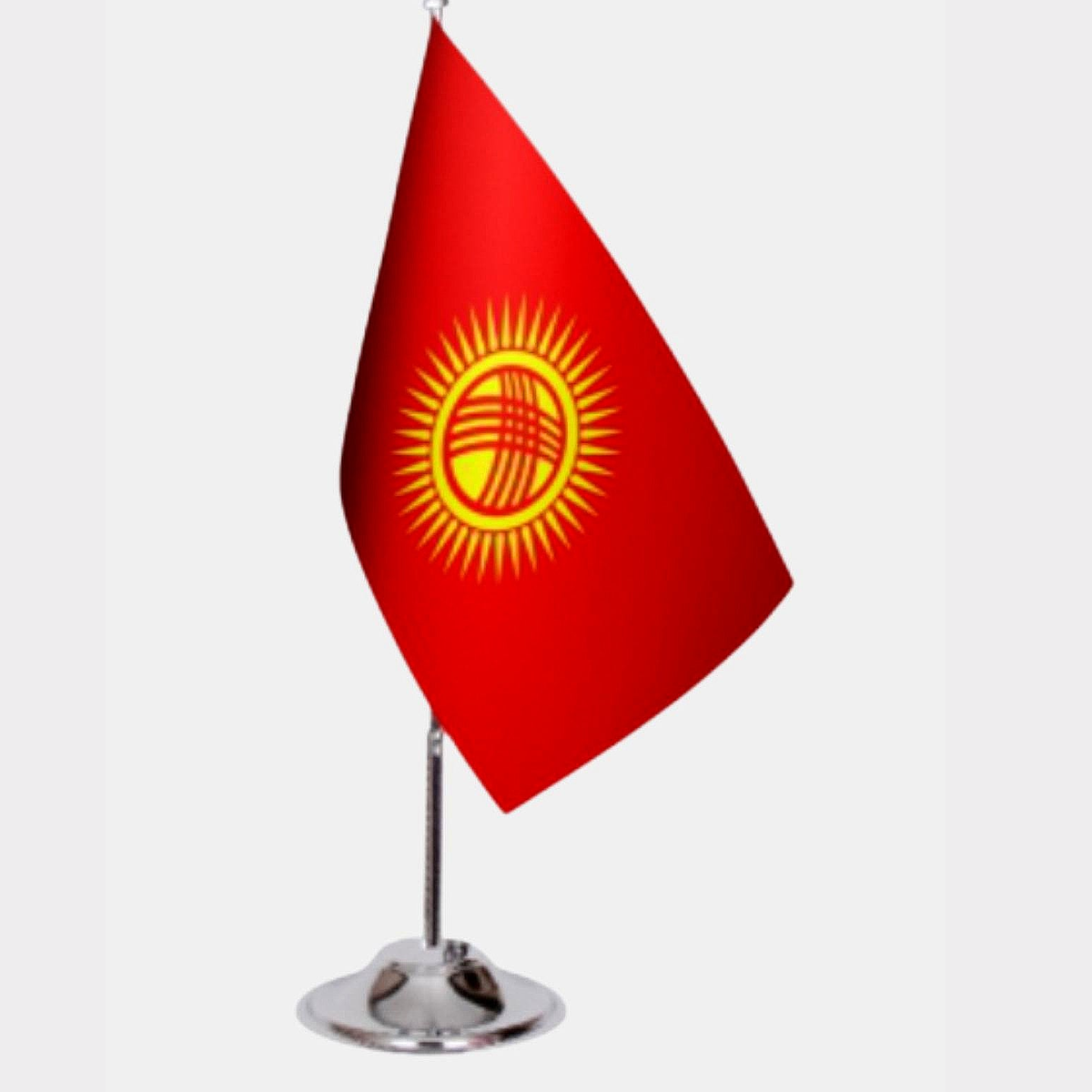 Kyrgyzstan Desk Flag - Premium Double-Layer Satin with Chrome L-Shaped Stand | Professional Quality Country Desk Flag for Government Offices and Institutions