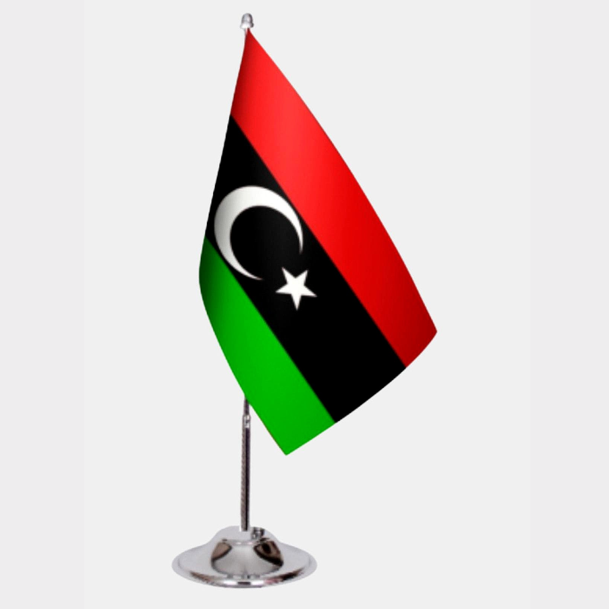 Libya Desk Flag - Premium Double-Layer Satin with Chrome L-Shaped Stand | Professional Quality Country Desk Flag for Government Offices and Institutions