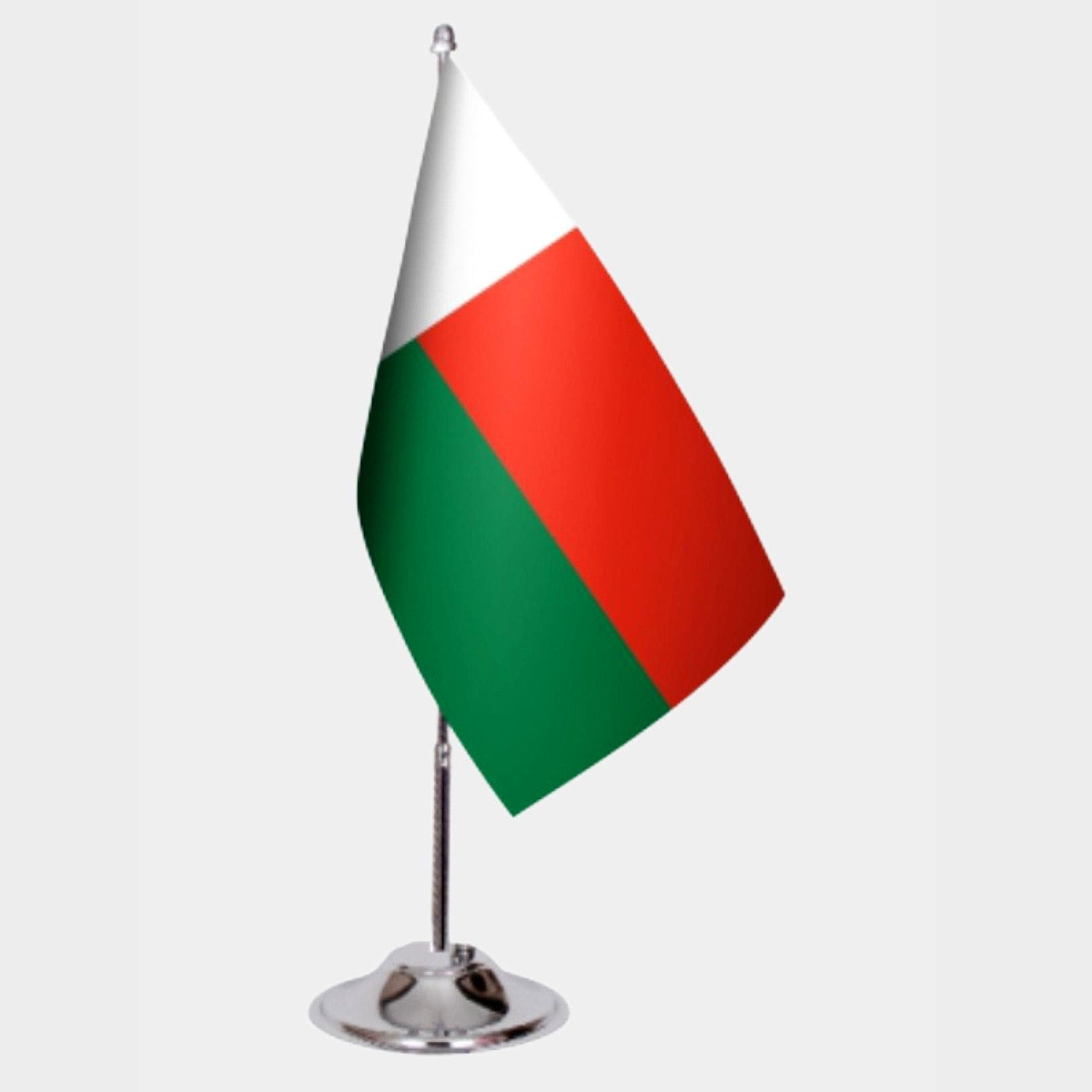 Madagascar Desk Flag - Premium Double-Layer Satin with Chrome L-Shaped Stand | Professional Quality Country Desk Flag for Government Offices and Institutions