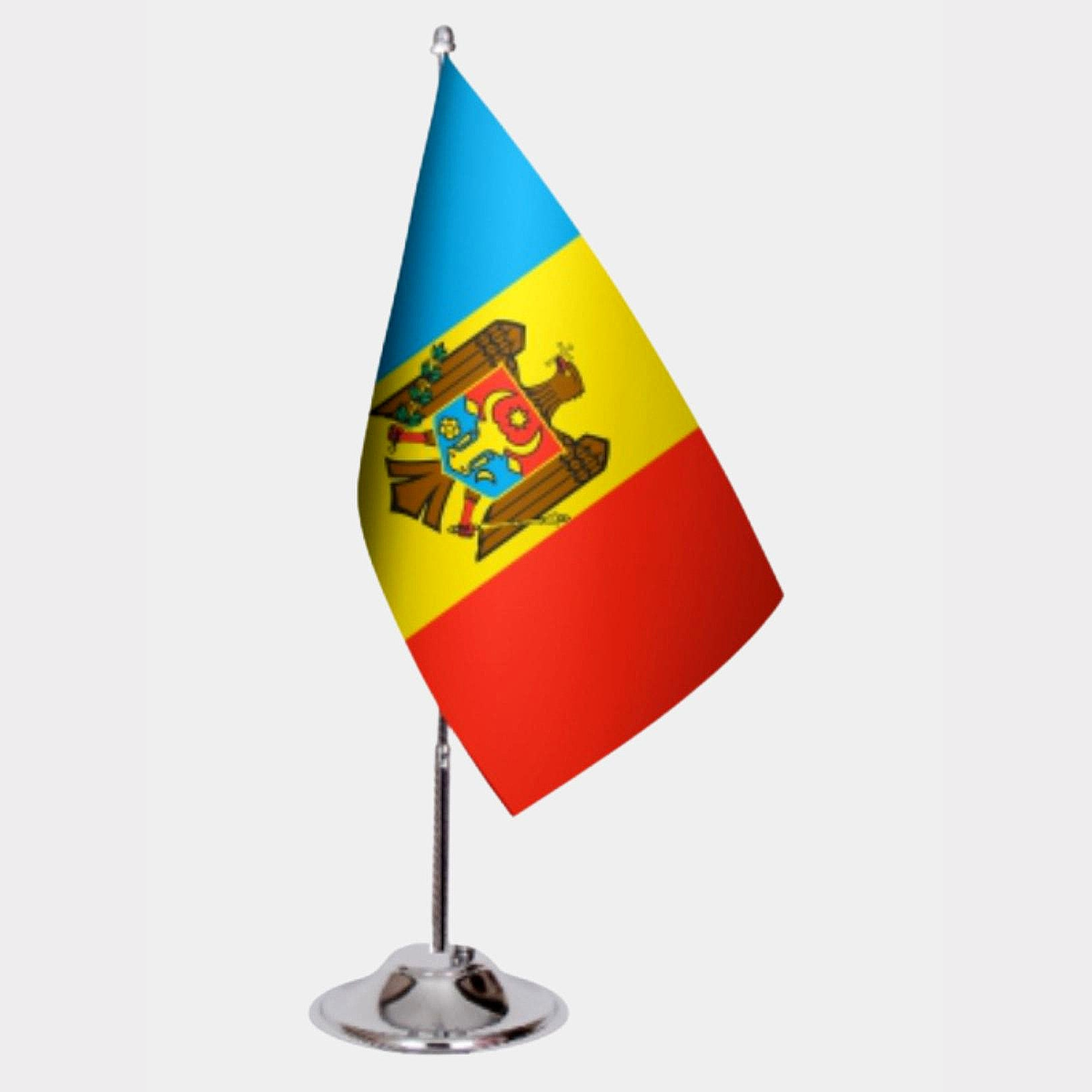 Moldova Desk Flag - Premium Double-Layer Satin with Chrome L-Shaped Stand | Professional Quality Country Desk Flag for Government Offices and Institutions