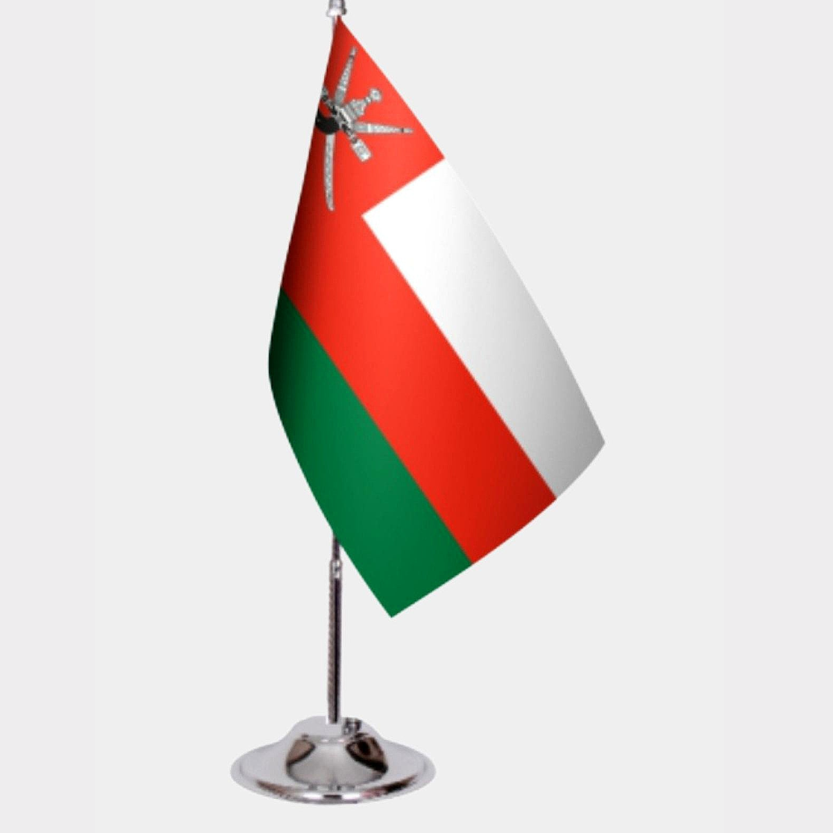 Oman Desk Flag - Premium Double-Layer Satin with Chrome L-Shaped Stand | Professional Quality Country Desk Flag for Government Offices and Institutions