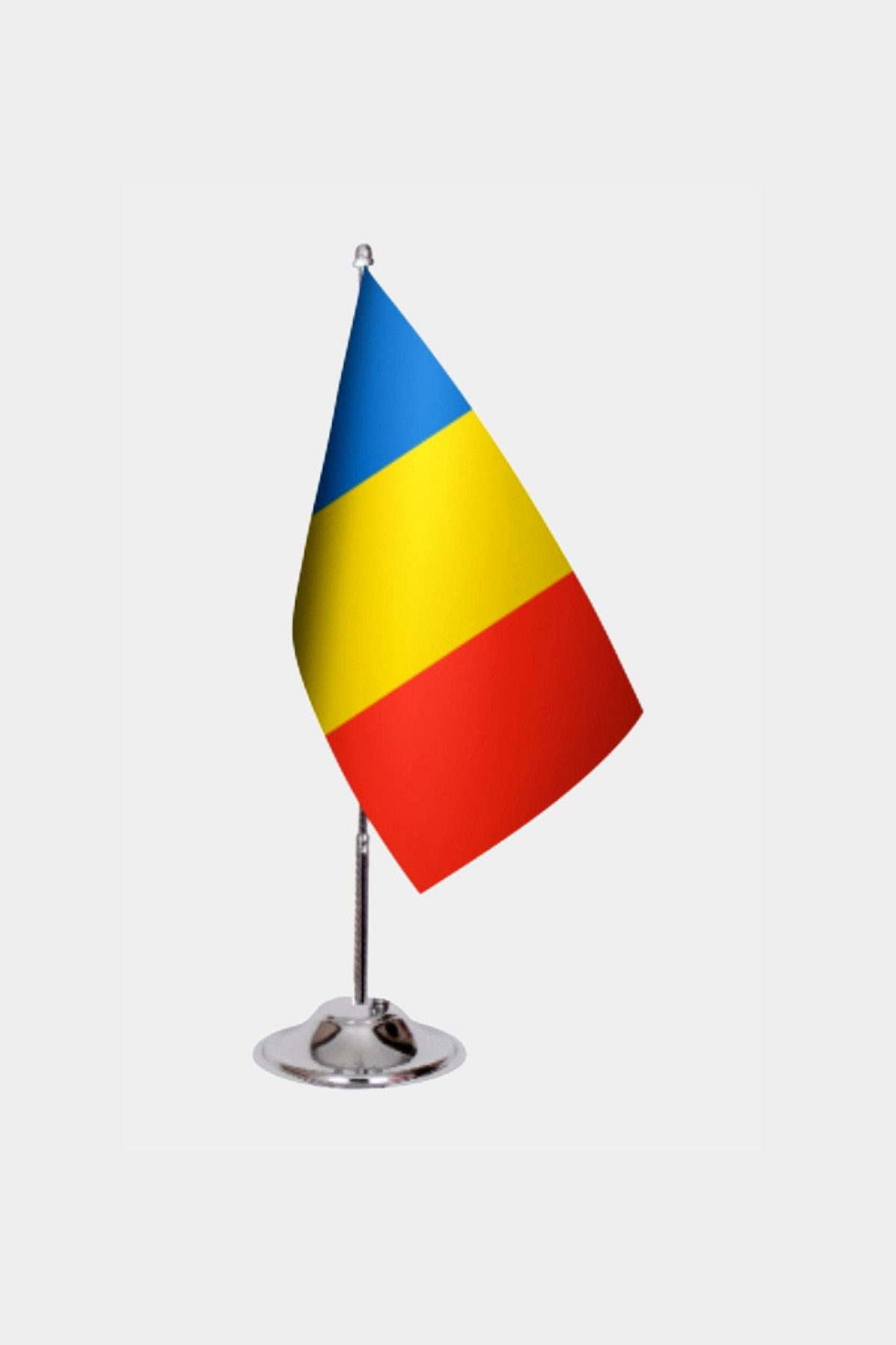 Romania Desk Flag - Premium Double-Layer Satin with Chrome L-Shaped Stand | Professional Quality Country Desk Flag for Government Offices and Institutions