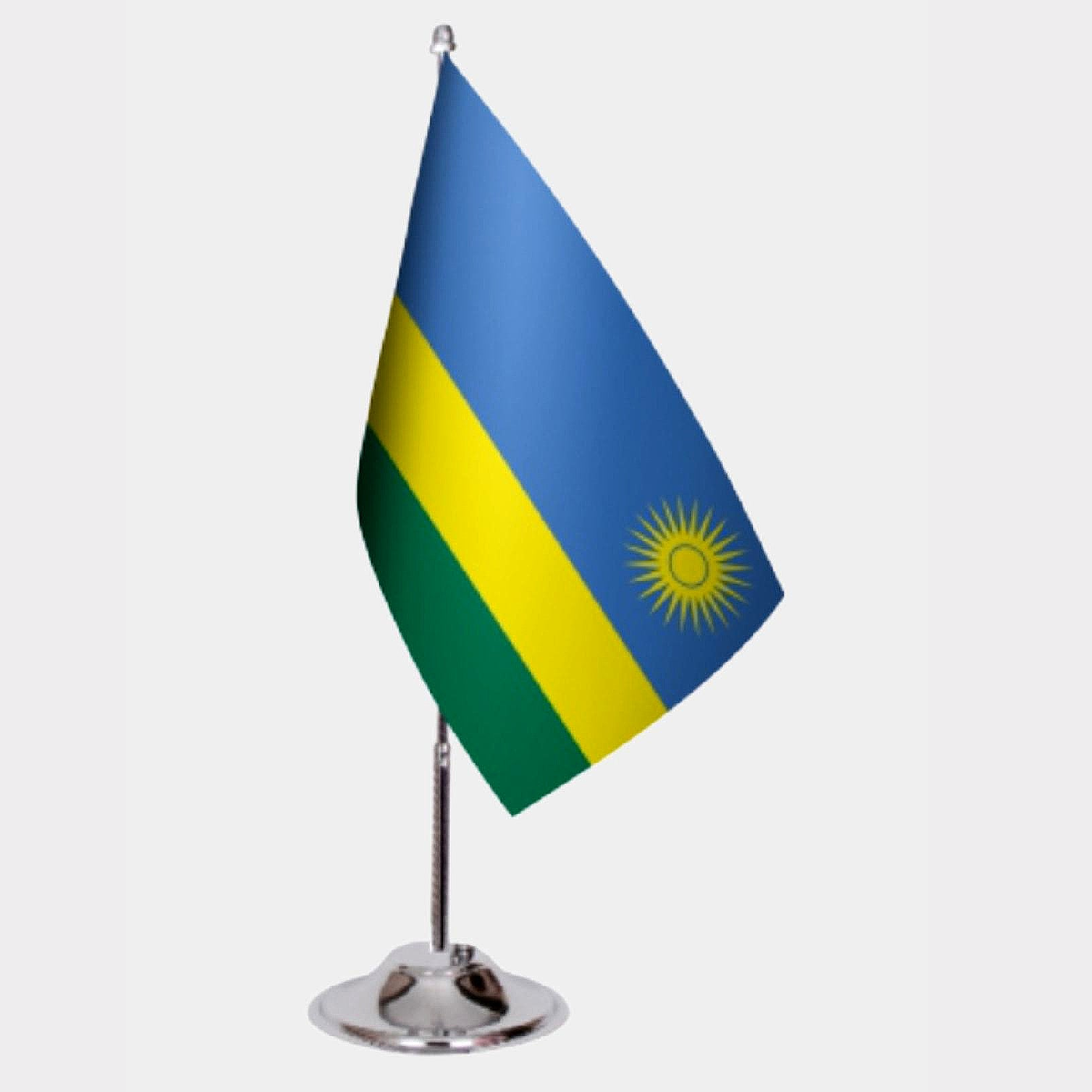 Rwanda Desk Flag - Premium Double-Layer Satin with Chrome L-Shaped Stand | Professional Quality Country Desk Flag for Government Offices and Institutions