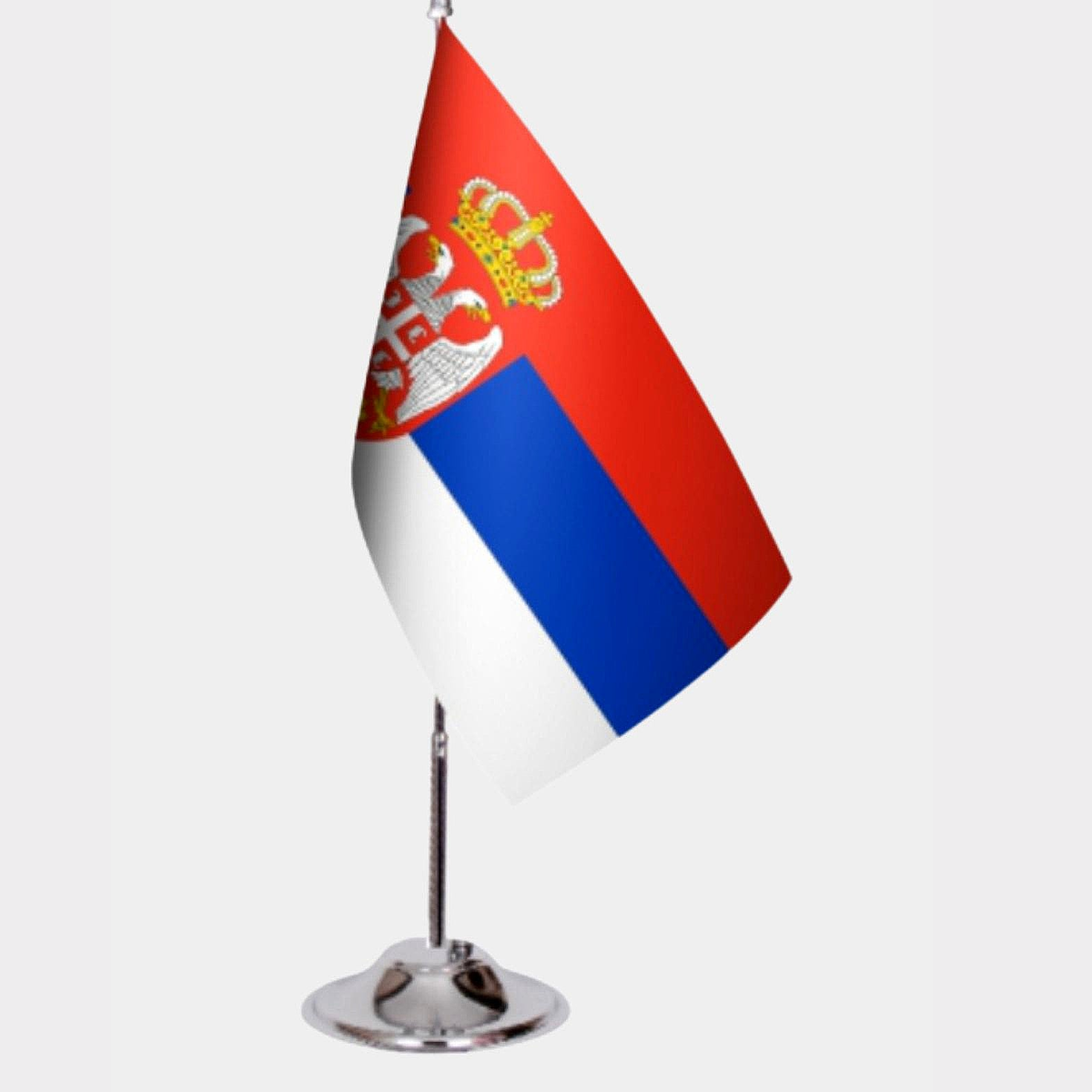 Serbia Desk Flag - Premium Double-Layer Satin with Chrome L-Shaped Stand | Professional Quality Country Desk Flag for Government Offices and Institutions