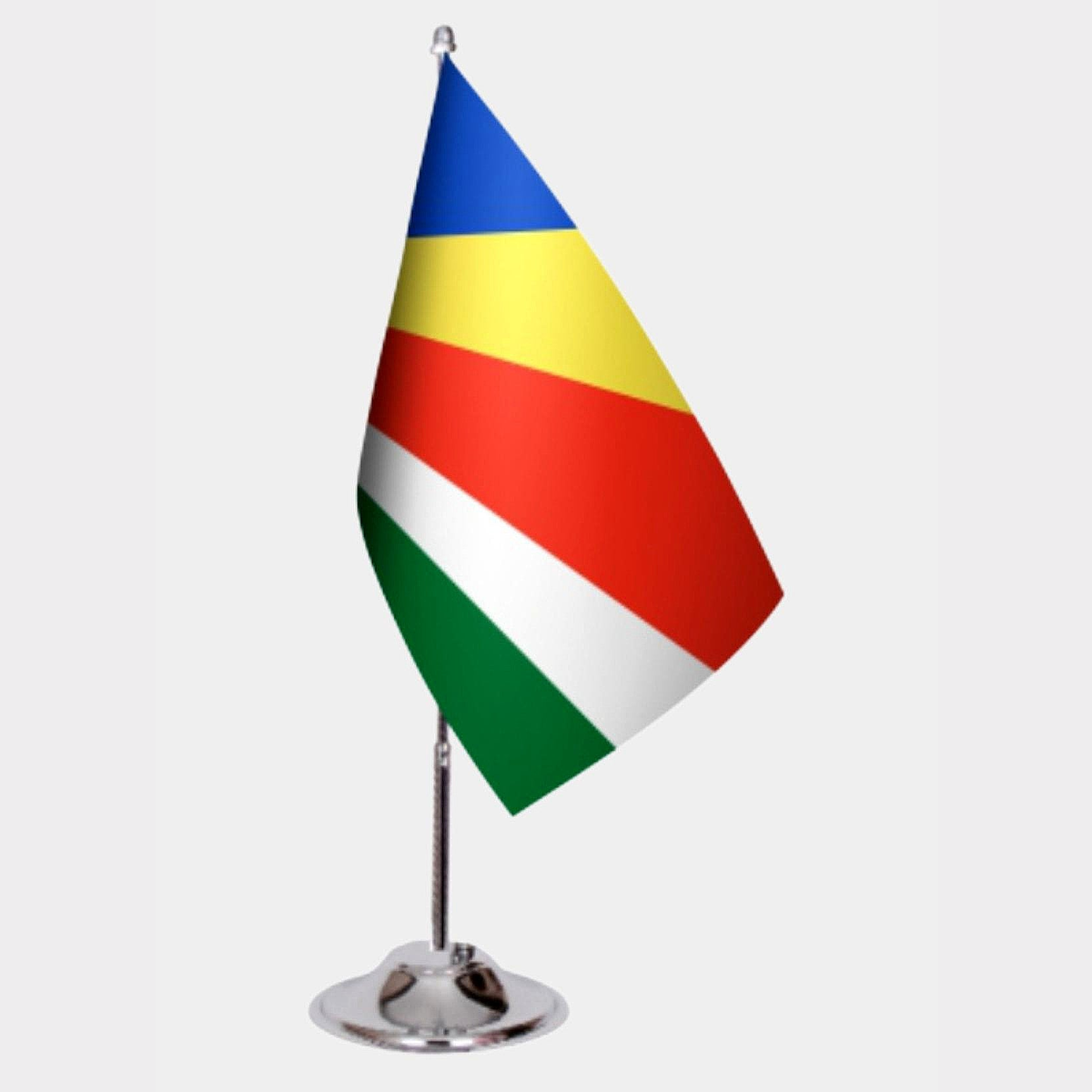 Seychelles Desk Flag - Premium Double-Layer Satin with Chrome L-Shaped Stand | Professional Quality Country Desk Flag for Government Offices and Institutions