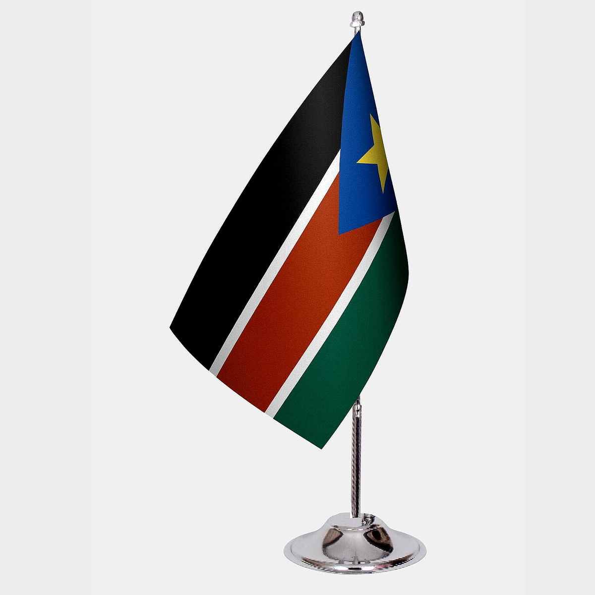 South Sudan Desk Flag - Premium Double-Layer Satin with Chrome L-Shaped Stand | Professional Quality Country Desk Flag for Government Offices and Institutions