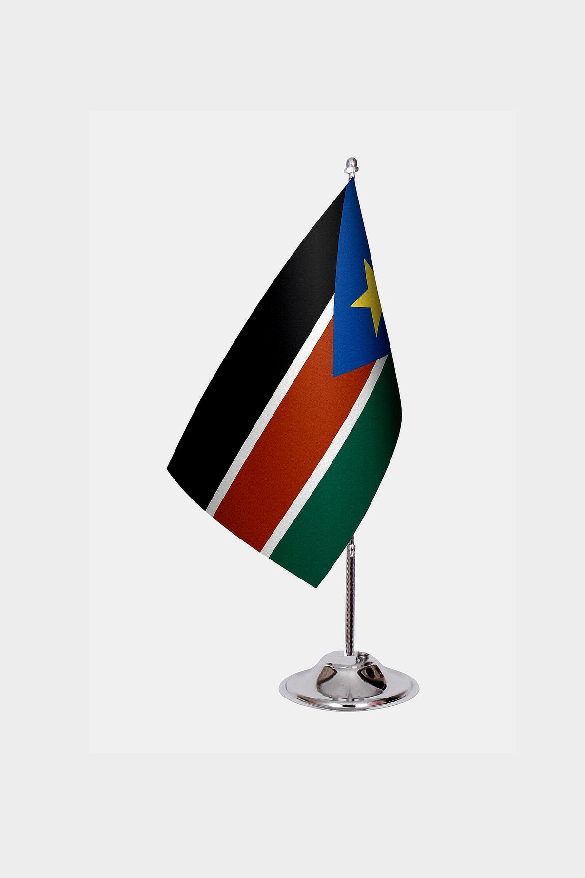South Sudan Desk Flag - Premium Double-Layer Satin with Chrome L-Shaped Stand | Professional Quality Country Desk Flag for Government Offices and Institutions