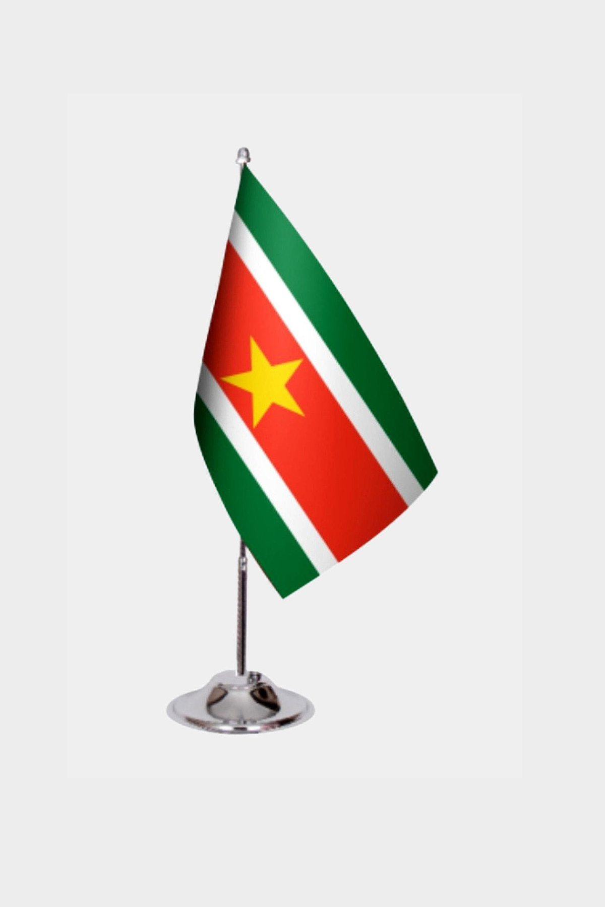 Suriname Desk Flag - Premium Double-Layer Satin with Chrome L-Shaped Stand | Professional Quality Country Desk Flag for Government Offices and Institutions