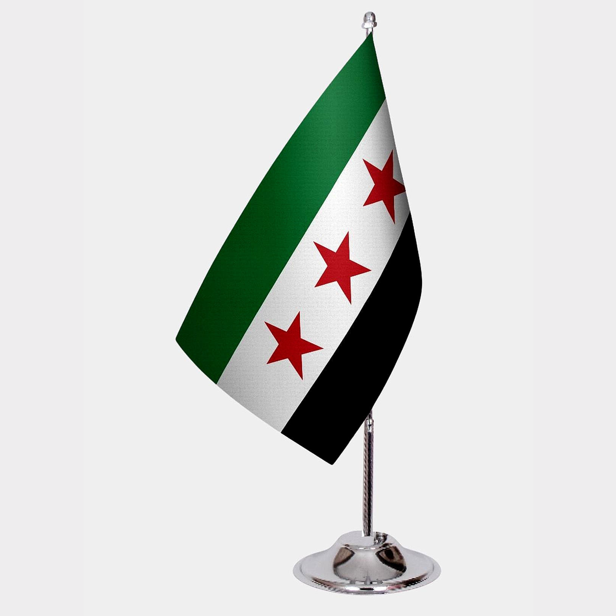 Syria Desk Flag - Premium Double-Layer Satin with Chrome L-Shaped Stand | Professional Quality Country Desk Flag for Government Offices and Institutions