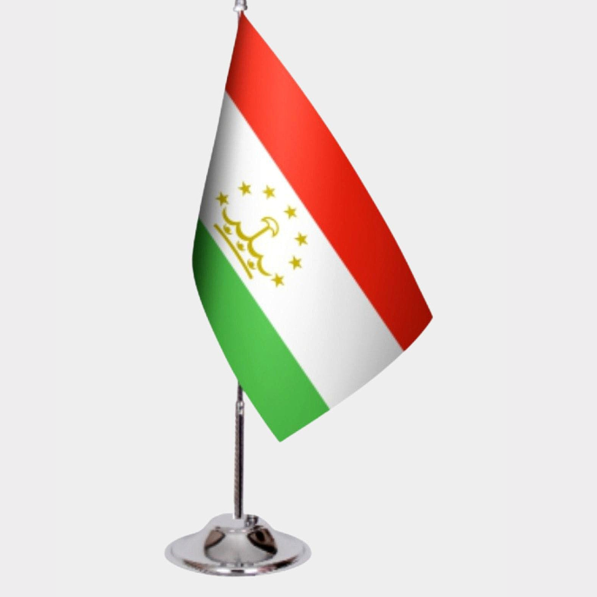 Tajikistan Desk Flag - Premium Double-Layer Satin with Chrome L-Shaped Stand | Professional Quality Country Desk Flag for Government Offices and Institutions