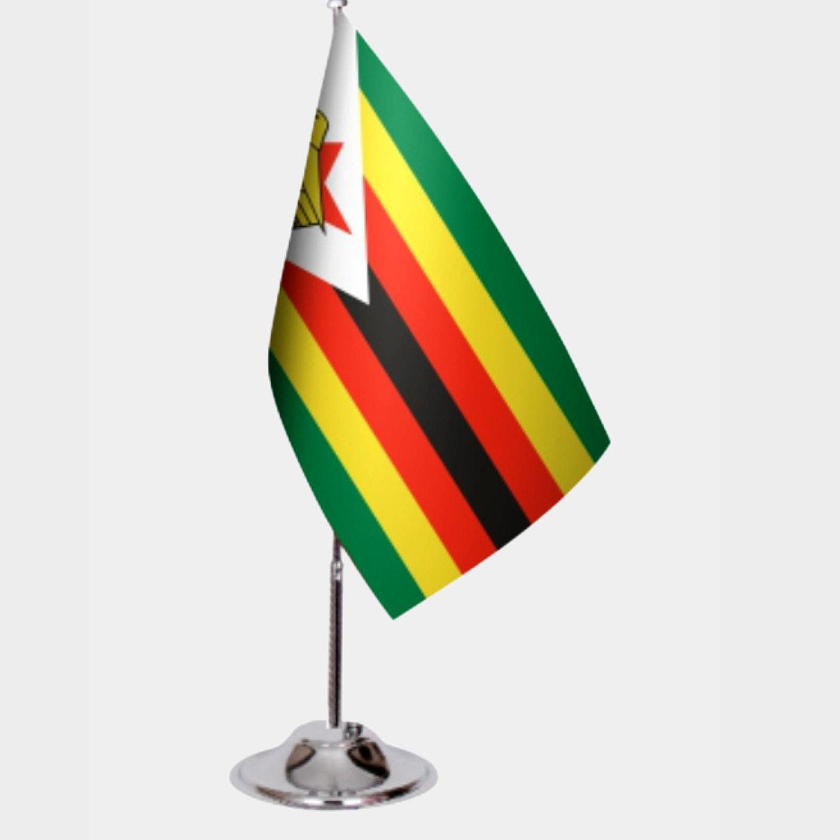 Zimbabwe Desk Flag - Premium Double-Layer Satin with Chrome L-Shaped Stand | Professional Quality Country Desk Flag for Government Offices and Institutions