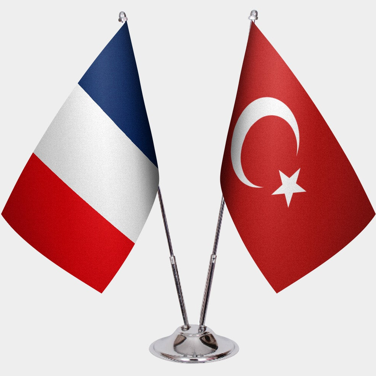 France and Türkiye dual desk flag set with chrome silver pedestal, satin office table flag
