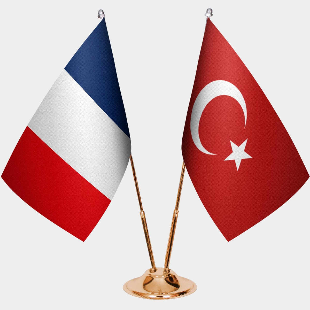 France and Türkiye dual desk flag set with gold pedestal, satin office table flag
