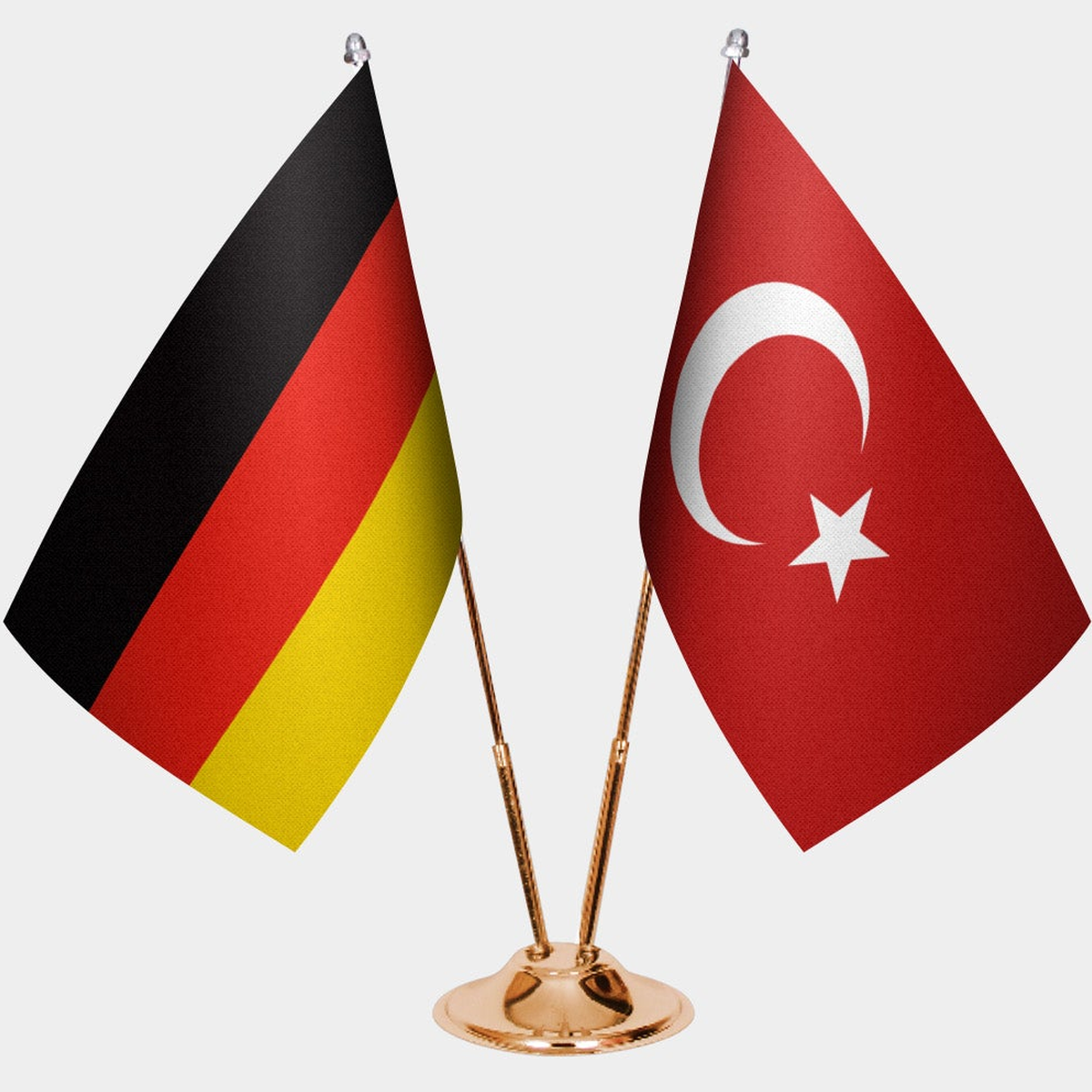 Germany and Türkiye dual desk flag set with gold pedestal, satin office table flag
