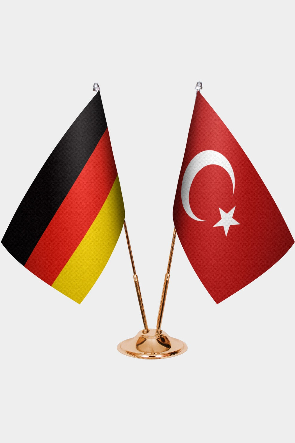 Germany and Türkiye dual desk flag set with gold pedestal, satin office table flag