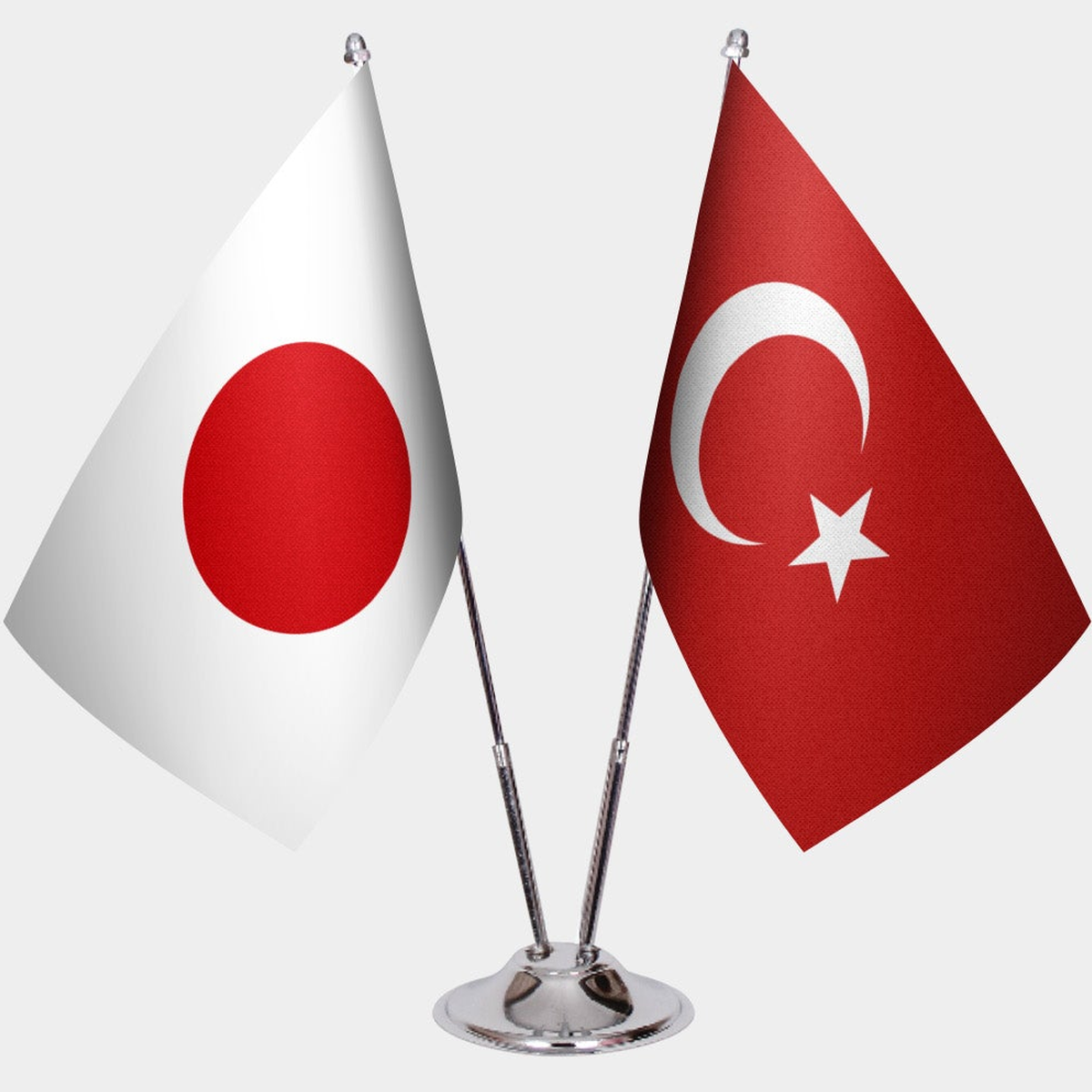 Japan and Türkiye dual desk flag set with chrome silver pedestal, satin office table flag