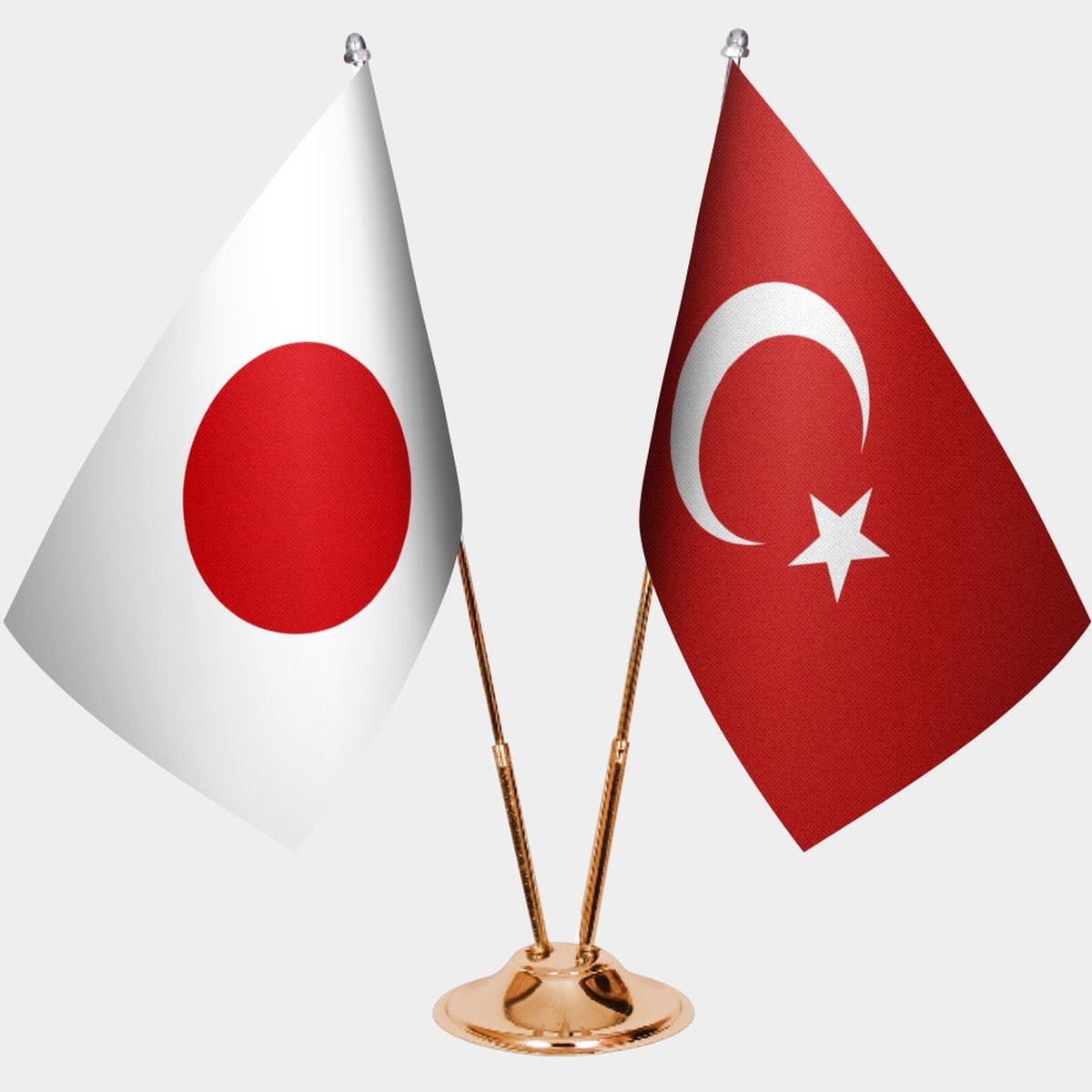Japan and Türkiye dual desk flag set with gold pedestal, satin office table flag