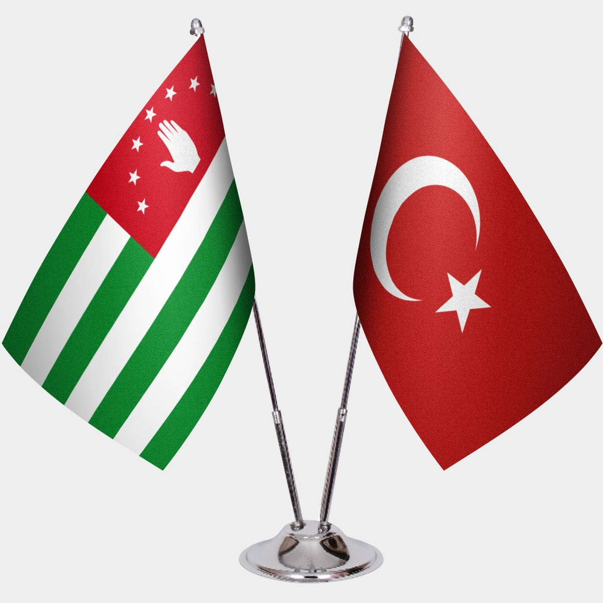 Abkhazia and Türkiye dual desk flag set with chrome silver pedestal, satin office table flag