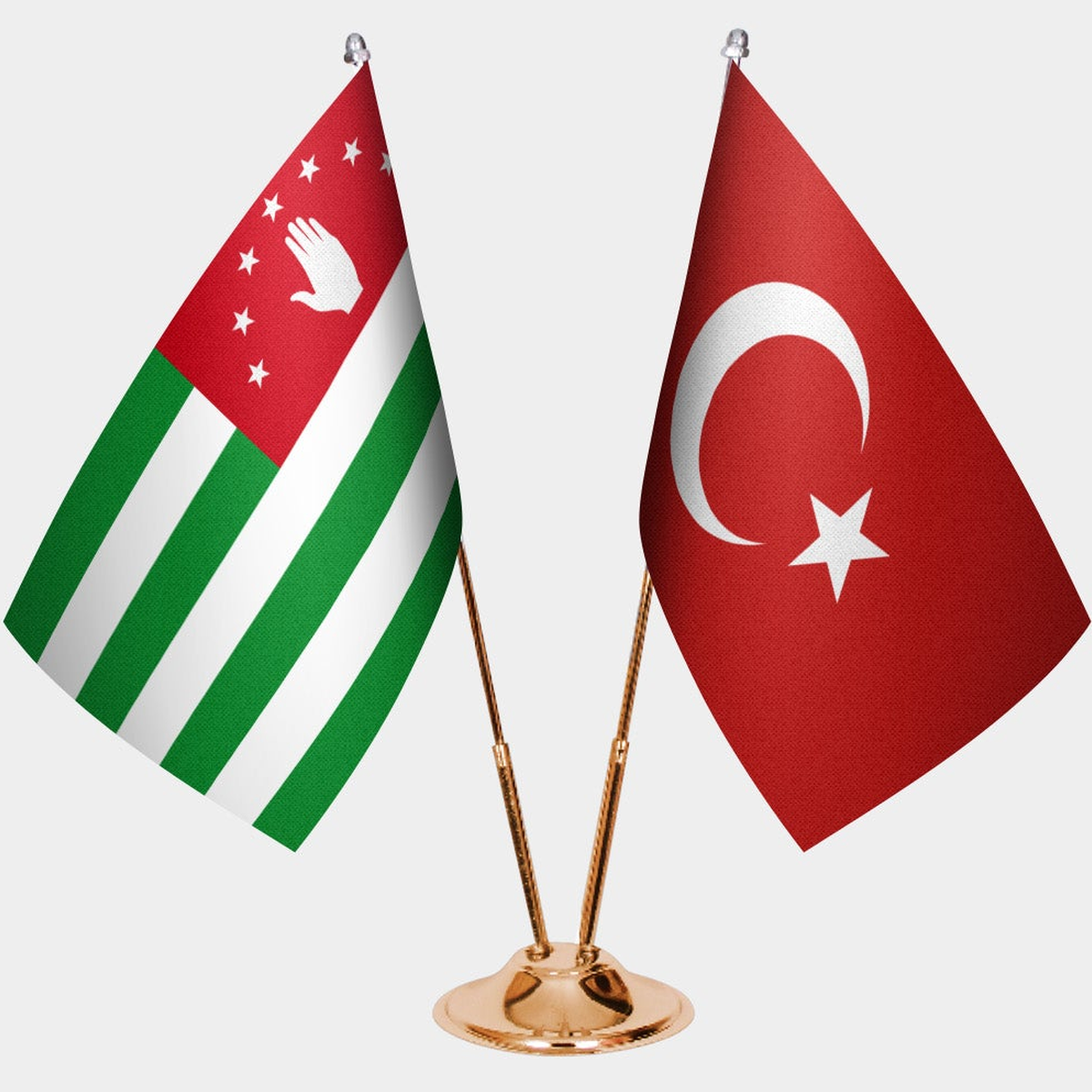 Abkhazia and Türkiye dual desk flag set with gold pedestal, satin office table flag